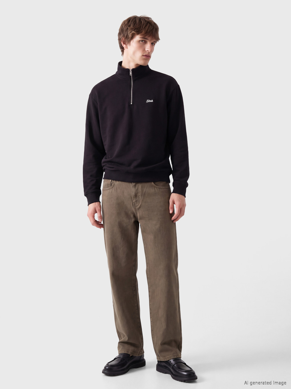 Siyah Dik Yaka Nakışlı Erkek Sweatshirt-1