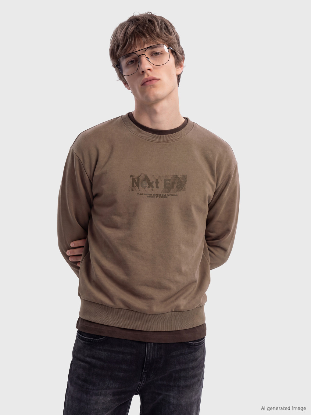 Kahverengi Bisiklet Yaka Baskılı Erkek Sweatshirt