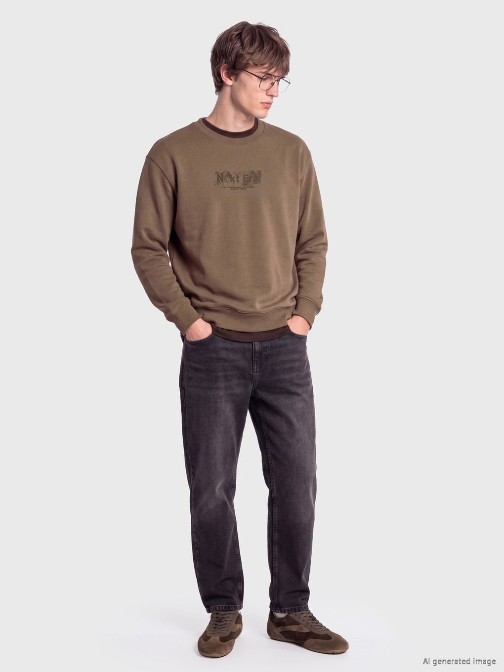 Kahverengi Bisiklet Yaka Baskılı Erkek Sweatshirt-1