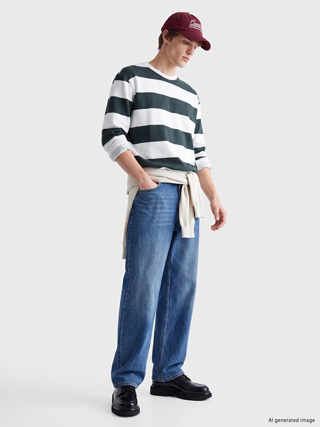 Yeşil Bisiklet Yaka Çizgili Kalın Sweatshirt-1