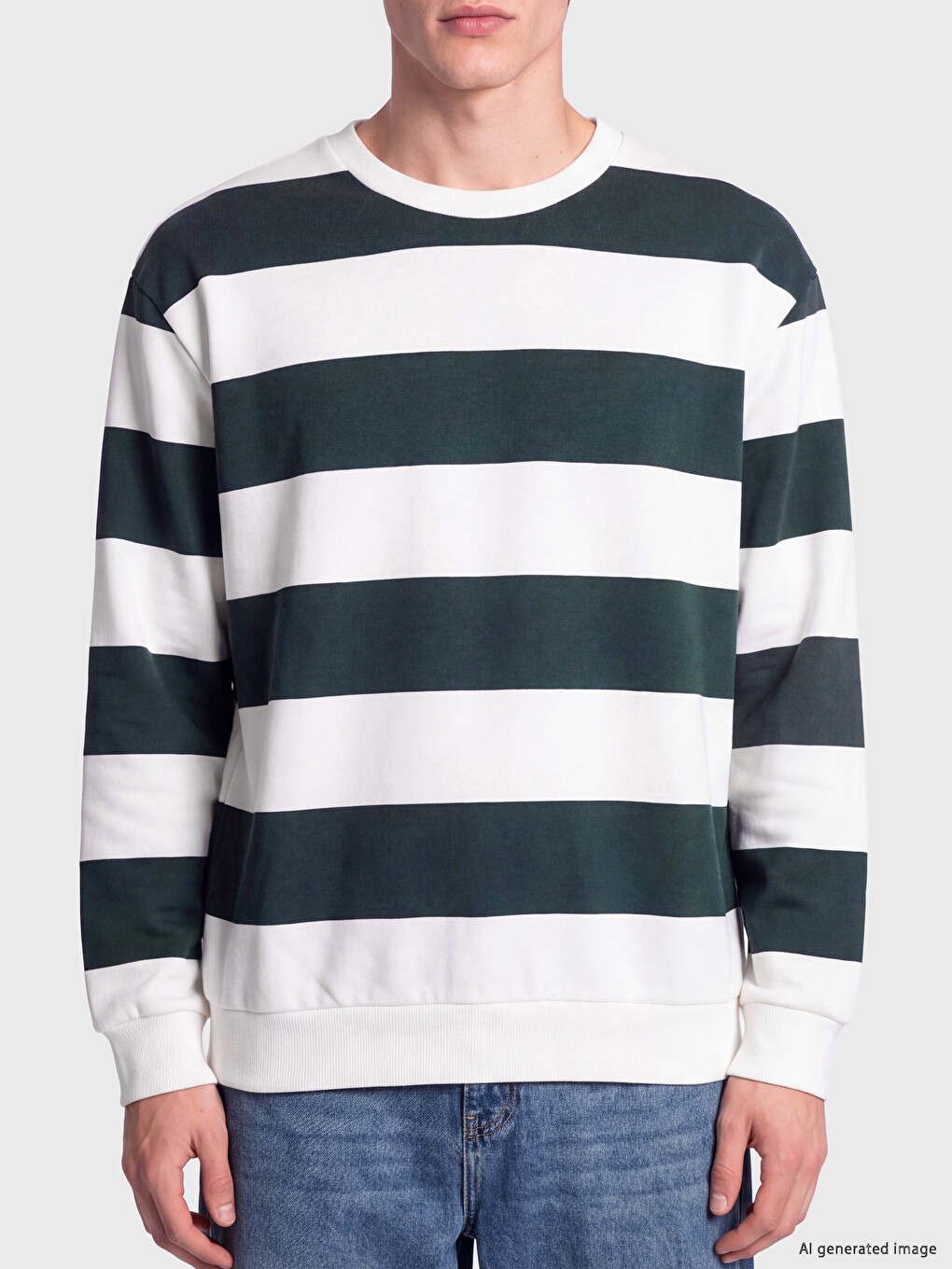 Yeşil Bisiklet Yaka Çizgili Kalın Sweatshirt-2