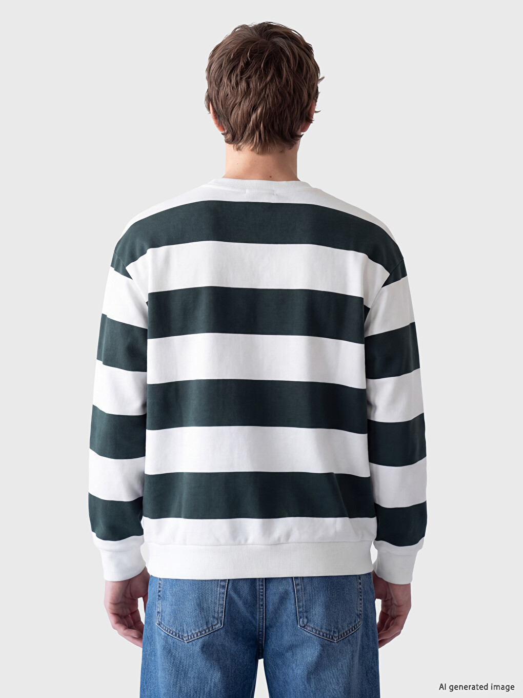 Yeşil Bisiklet Yaka Çizgili Kalın Sweatshirt-3