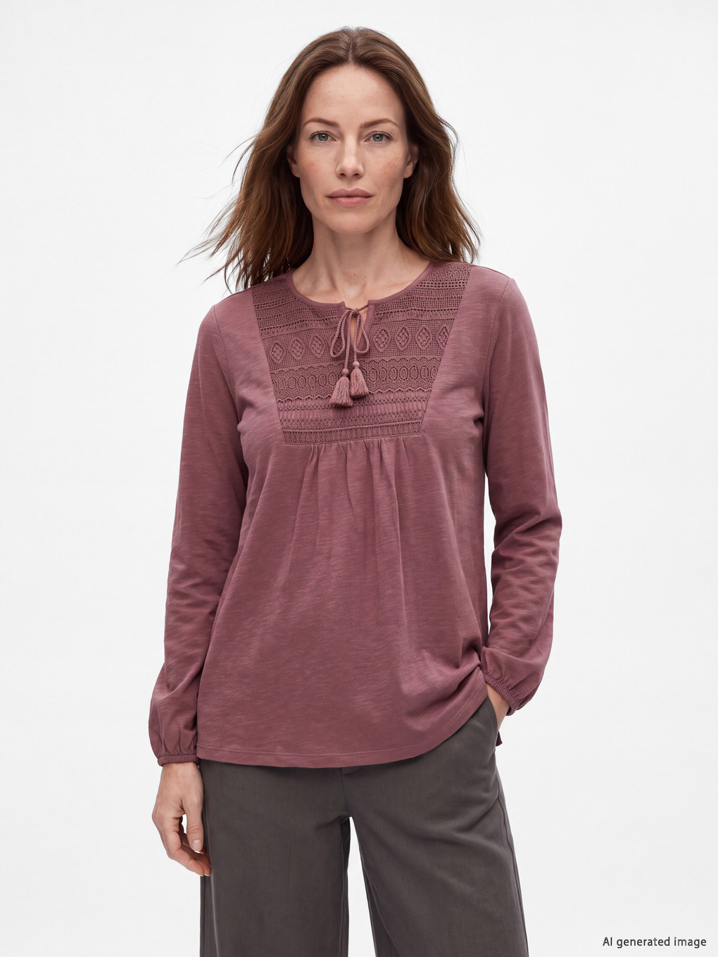 Crew Neck Embroidered Gathered Blouse