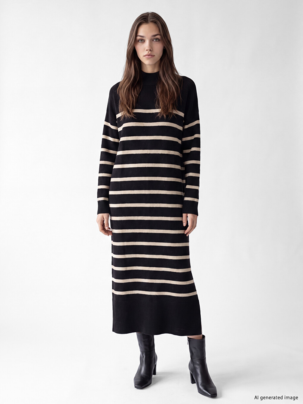Mock Turtleneck Striped Knitwear Women's Dress