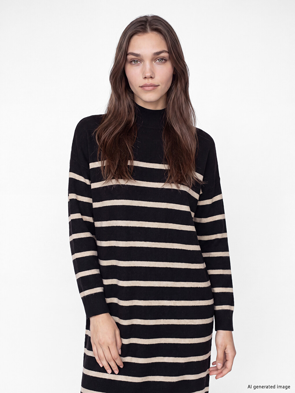 Mock Turtleneck Striped Knitwear Women's Dress-1