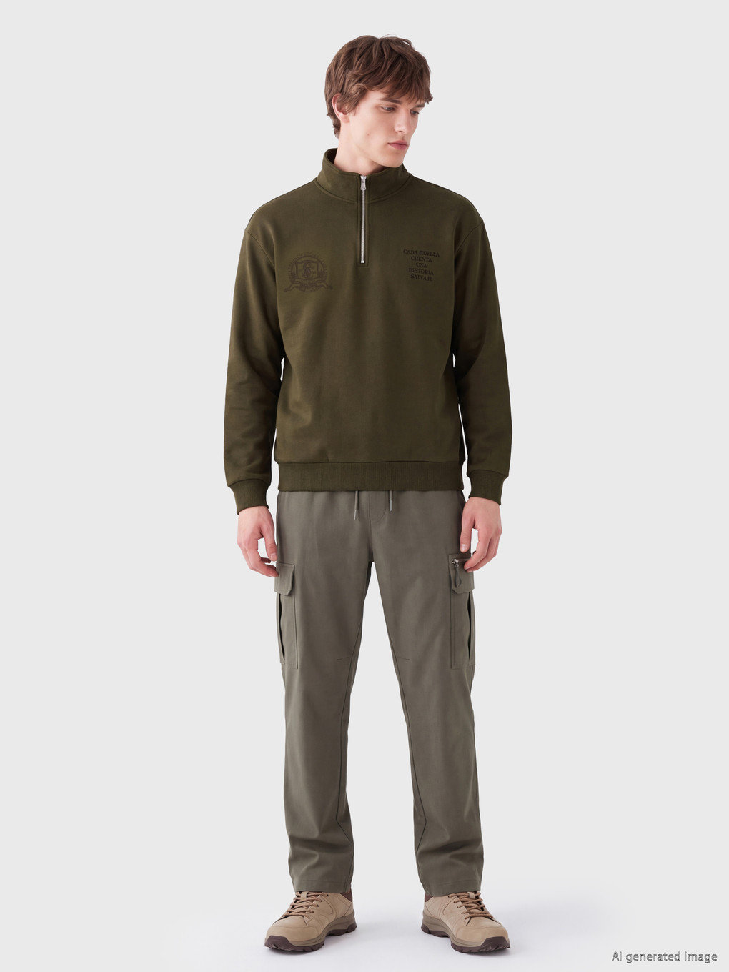 Haki Dik Yaka Baskılı Erkek Sweatshirt-1