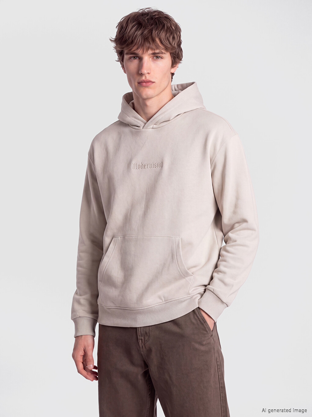 Bej Nakışlı Erkek Kalın Hoodie
