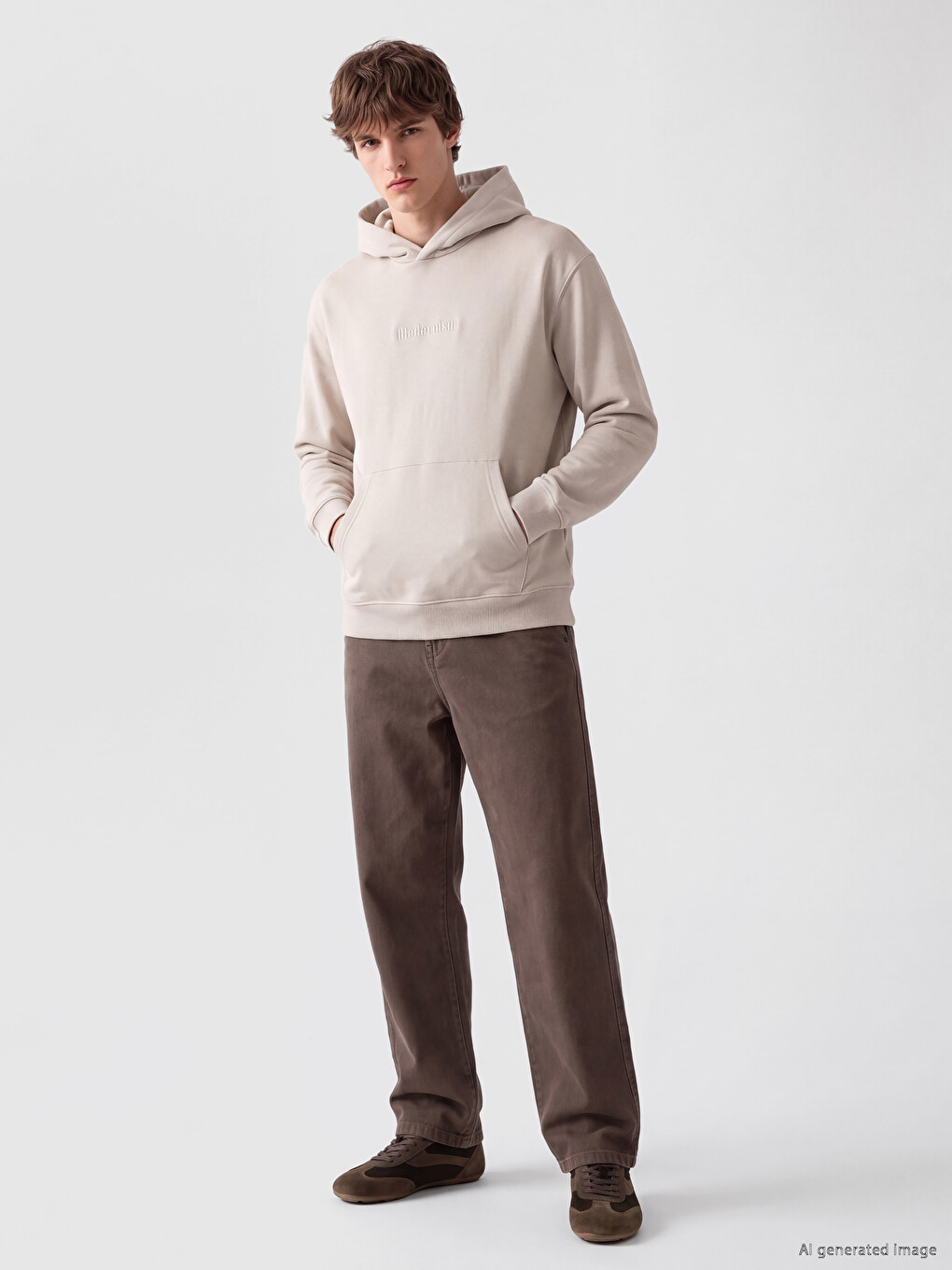 Bej Nakışlı Erkek Kalın Hoodie-1