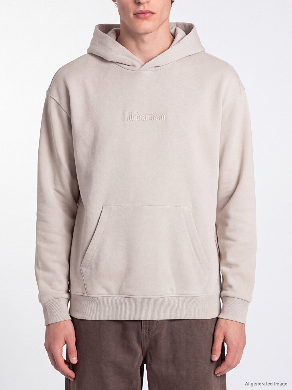 Bej Nakışlı Erkek Kalın Hoodie-2