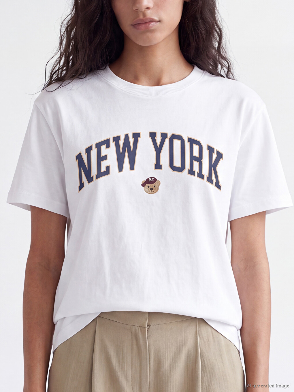 Beyaz New York Baskılı %100 Pamuklu Kadın Tişört-2