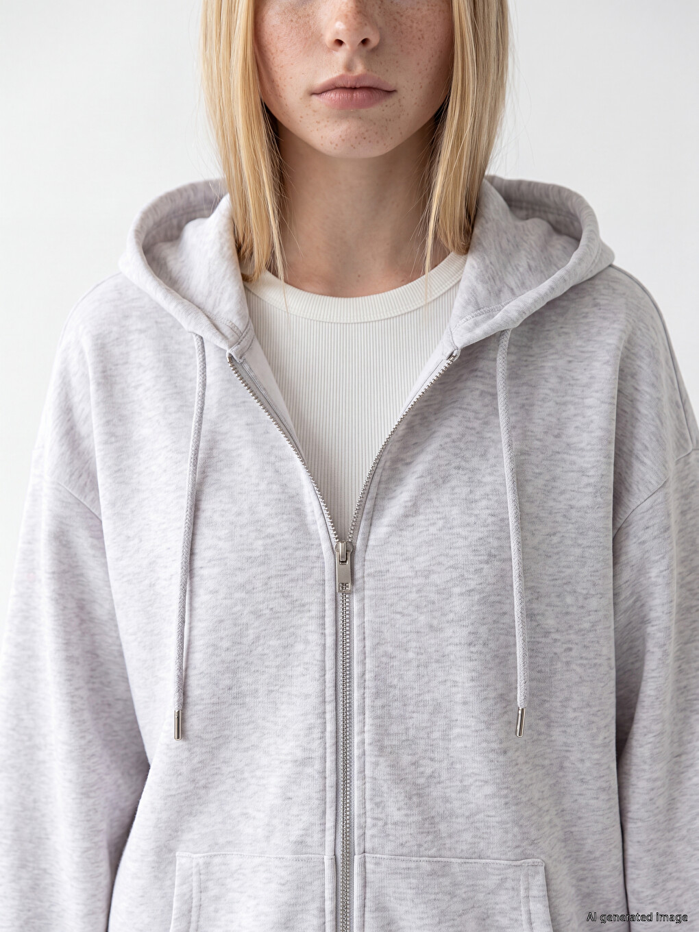 Gri Kapüşonlu Oversize Kadın Fermuarlı Sweatshirt-2