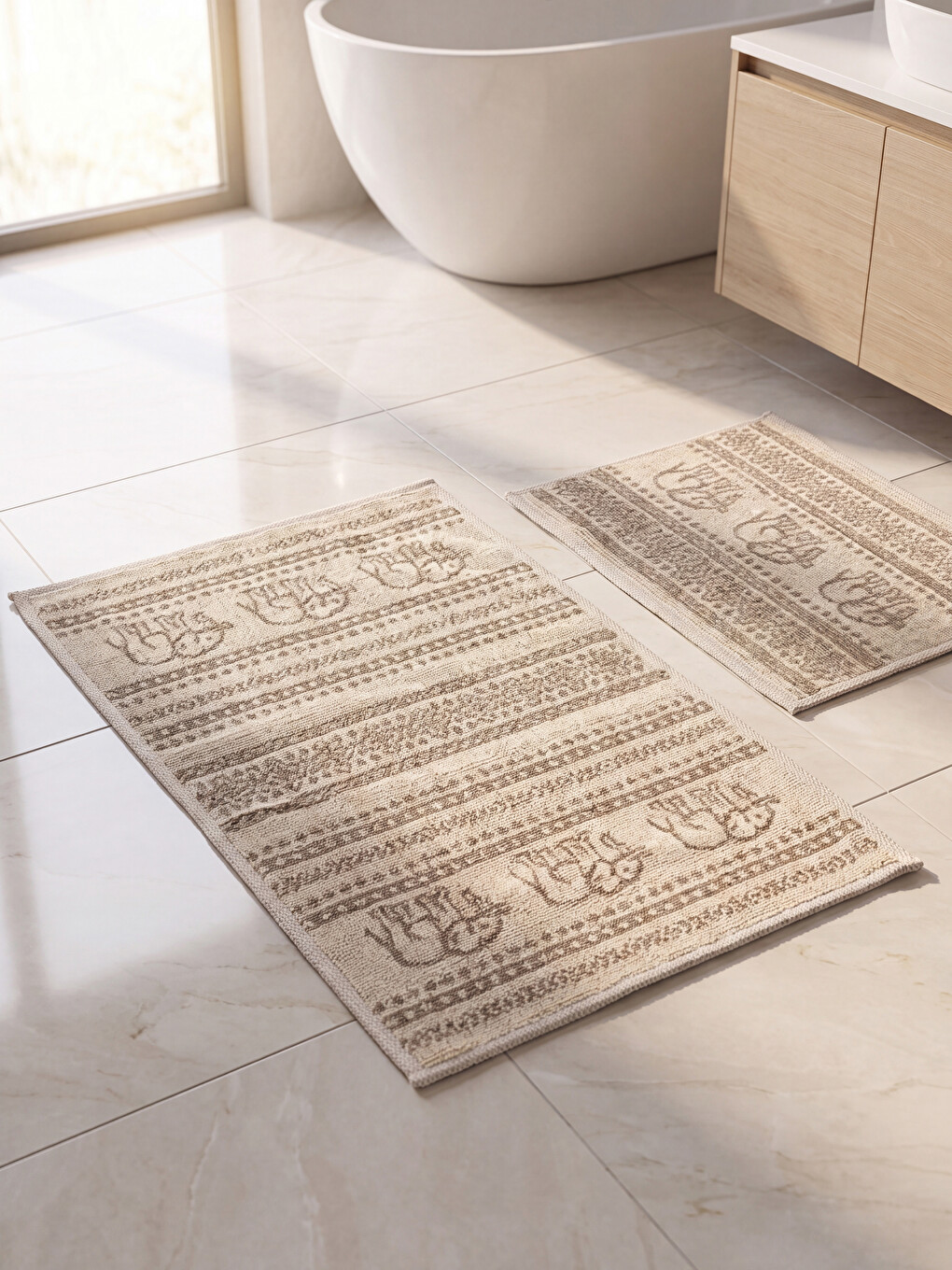 Ekru Fil Desenli Jakarlı Banyo Paspas Seti 2'li