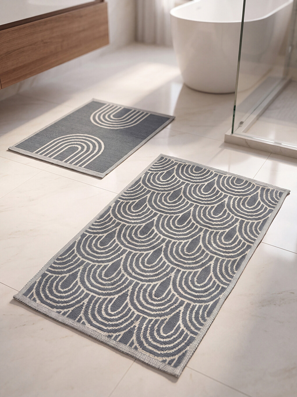 Gri Geometrik Desenli Banyo Paspası Takımı 2'li
