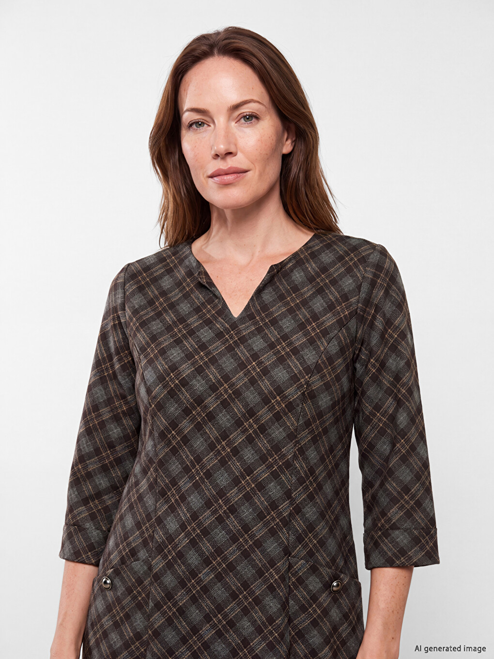 V Neck Plaid Patterned A Form Dress-1