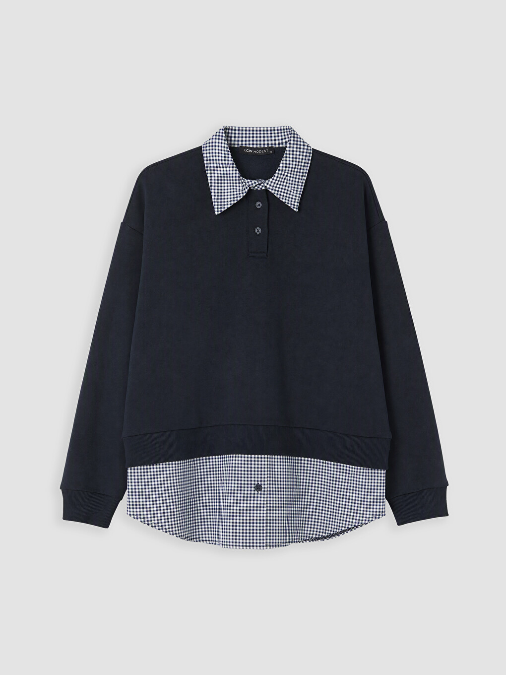 Lacivert Polo Yaka Ekose Kadın Sweatshirt Tunik-4