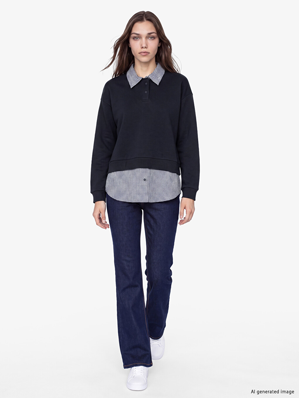 Lacivert Polo Yaka Ekose Kadın Sweatshirt Tunik-1