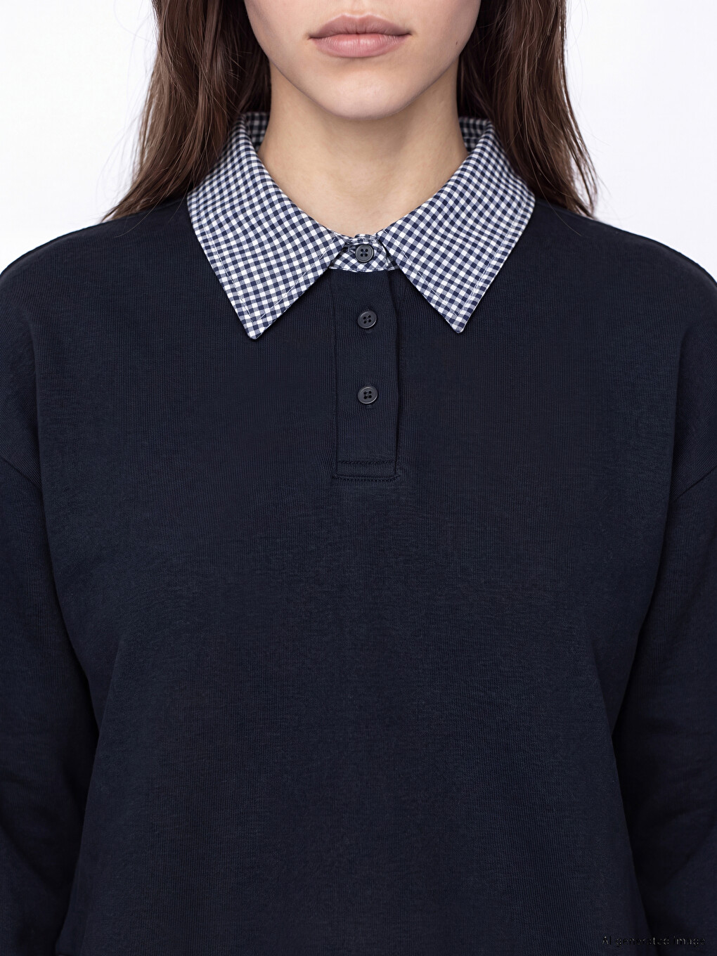 Lacivert Polo Yaka Ekose Kadın Sweatshirt Tunik-2