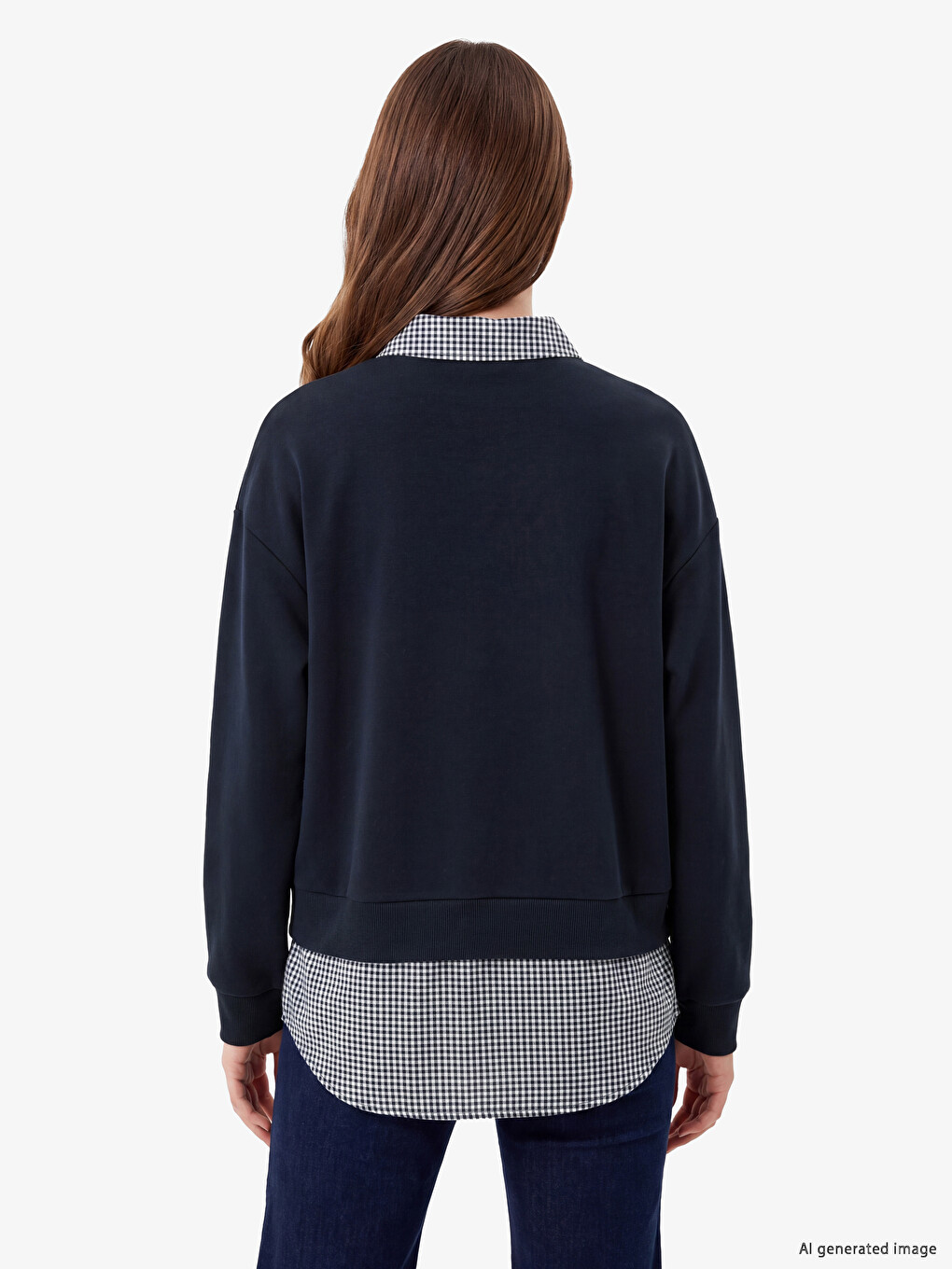 Lacivert Polo Yaka Ekose Kadın Sweatshirt Tunik-3