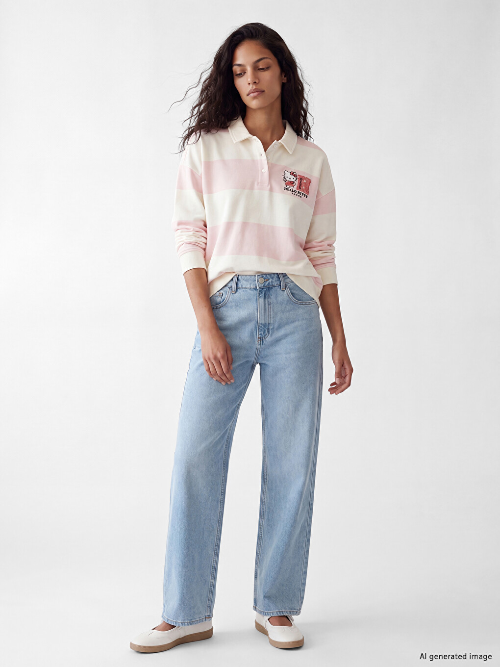 Pembe Polo Yaka Hello Kitty Nakışlı Kadın Sweatshirt-1