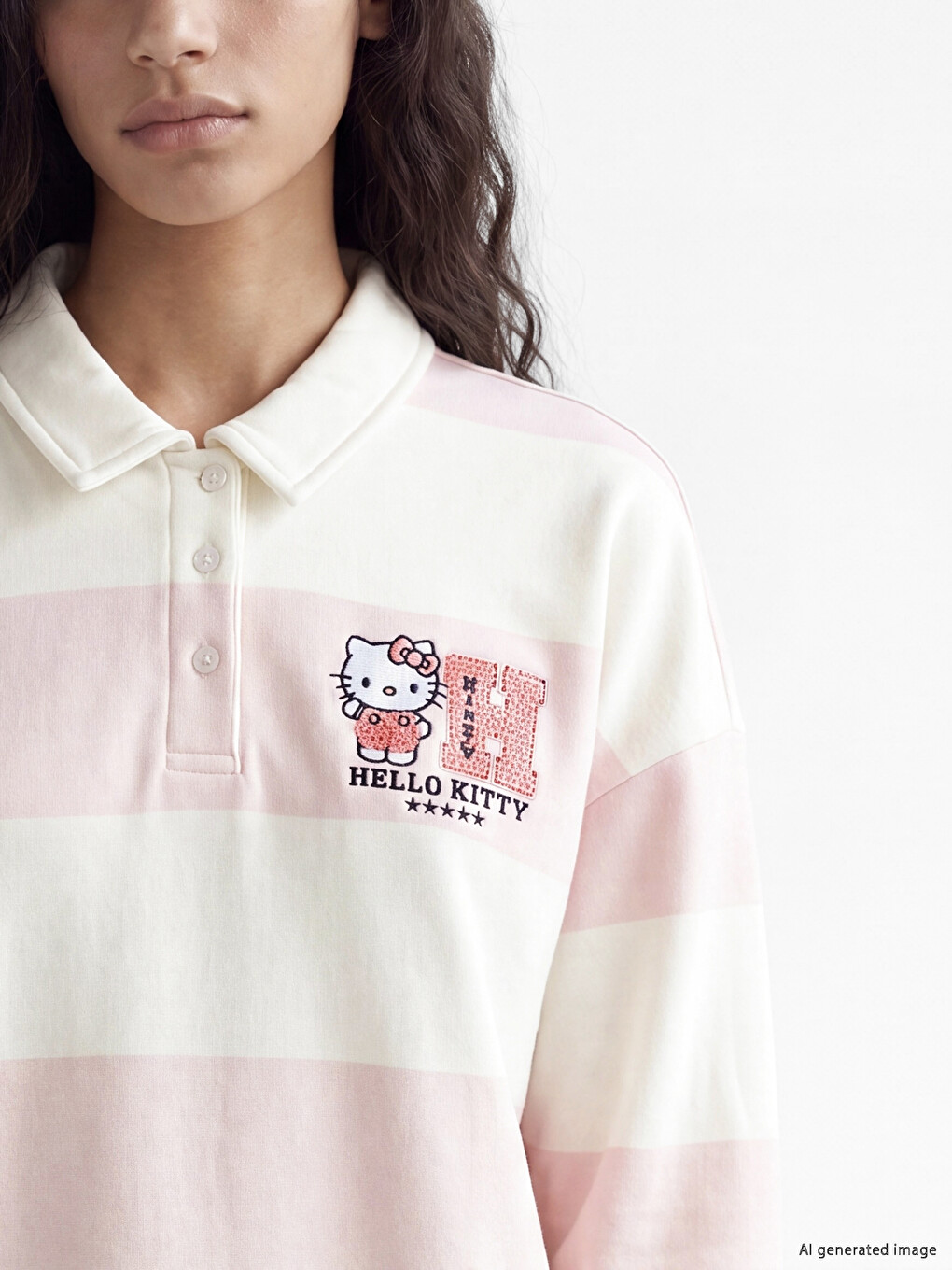 Pembe Polo Yaka Hello Kitty Nakışlı Kadın Sweatshirt-2