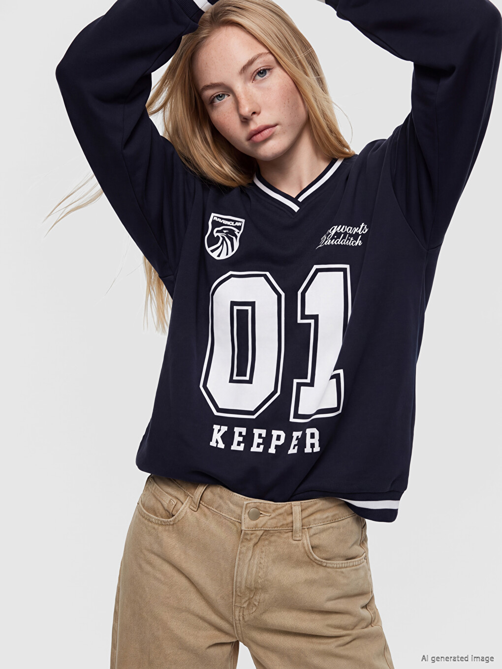 Lacivert Harry Potter Baskılı Oversize Kadın Kalın Sweatshirt