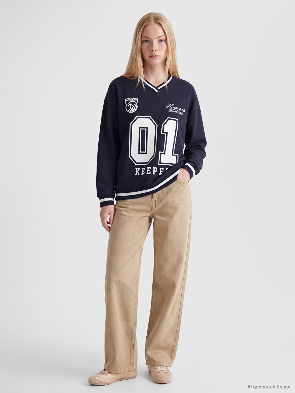 Lacivert Harry Potter Baskılı Oversize Kadın Kalın Sweatshirt-1