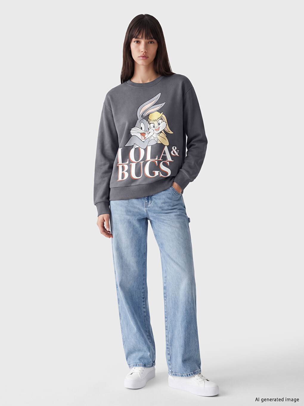 Antrasit Bugs Bunny Baskılı Oversize Kadın Kalın Sweatshirt-1