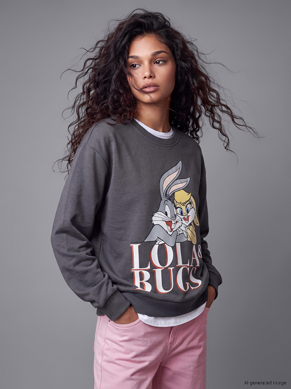 Bugs Bunny Baskılı Oversize Kadın Kalın Sweatshirt