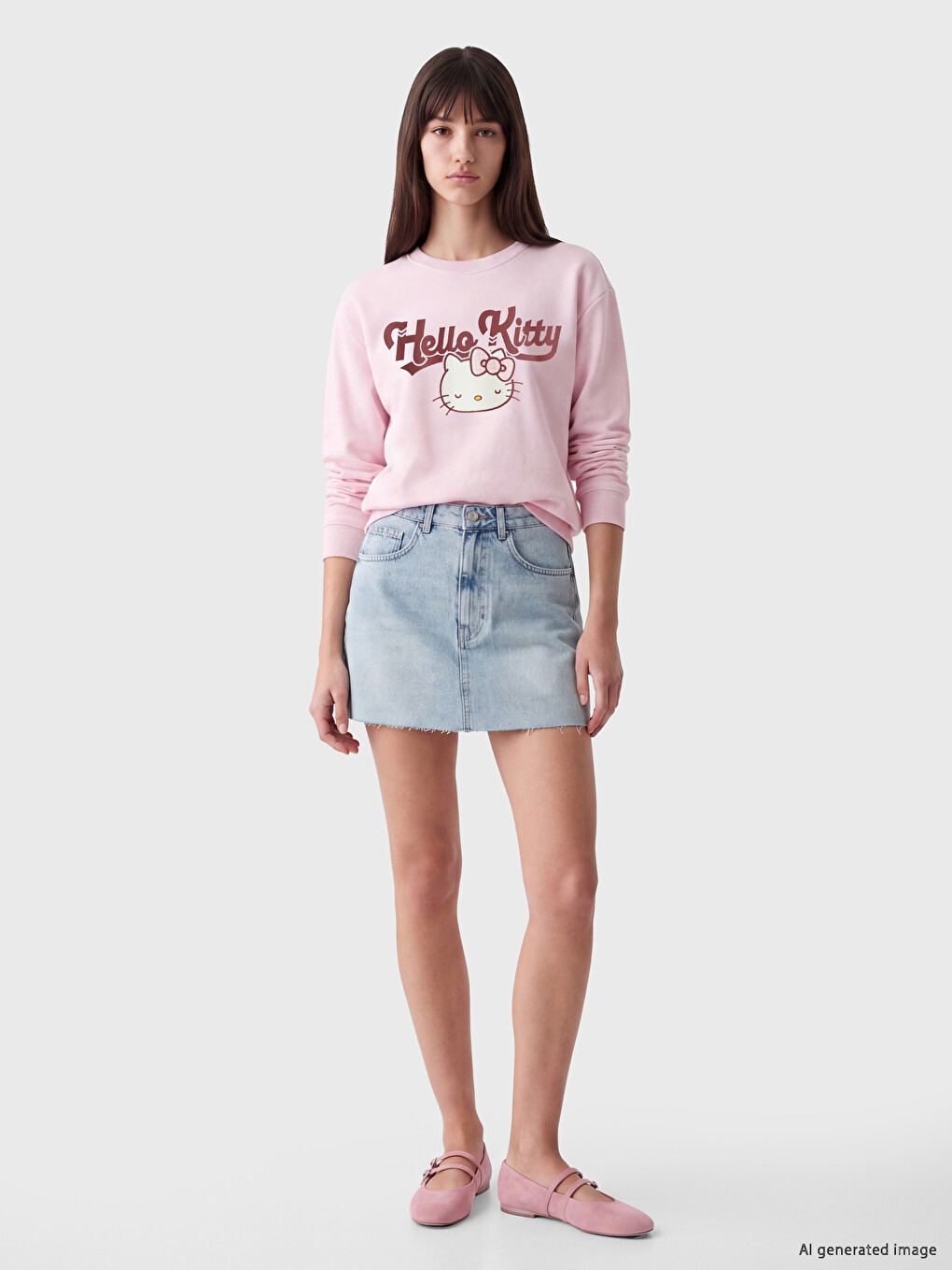 Pembe Hello Kitty Baskılı Oversize Kadın Kalın Sweatshirt-1