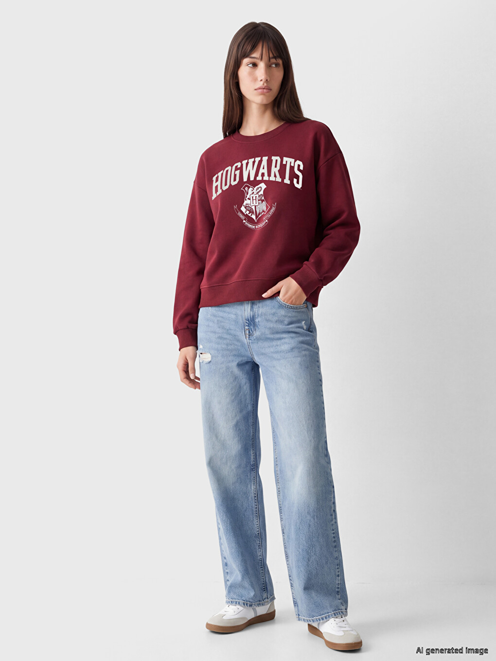Bordo Harry Potter Baskılı Oversize Kadın Sweatshirt-1