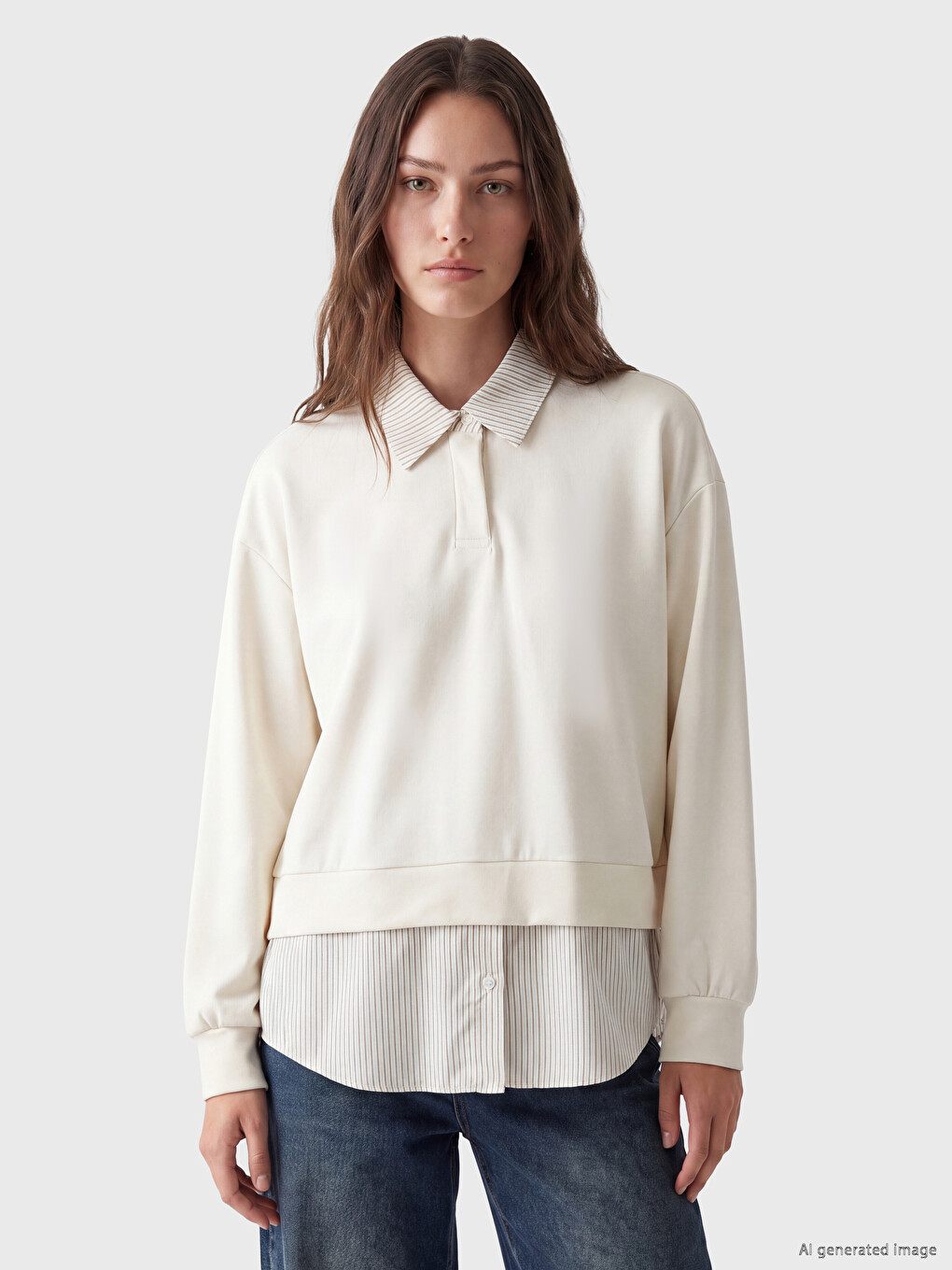Bej Gömlek Yaka Soft Touch Kadın Sweatshirt Tunik