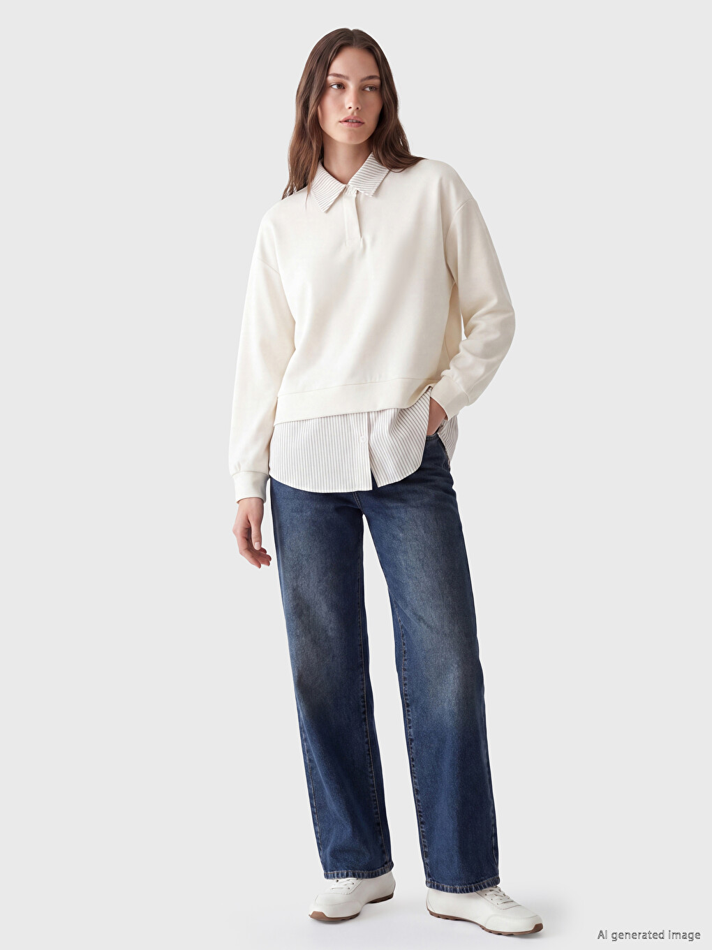 Bej Gömlek Yaka Soft Touch Kadın Sweatshirt Tunik-1