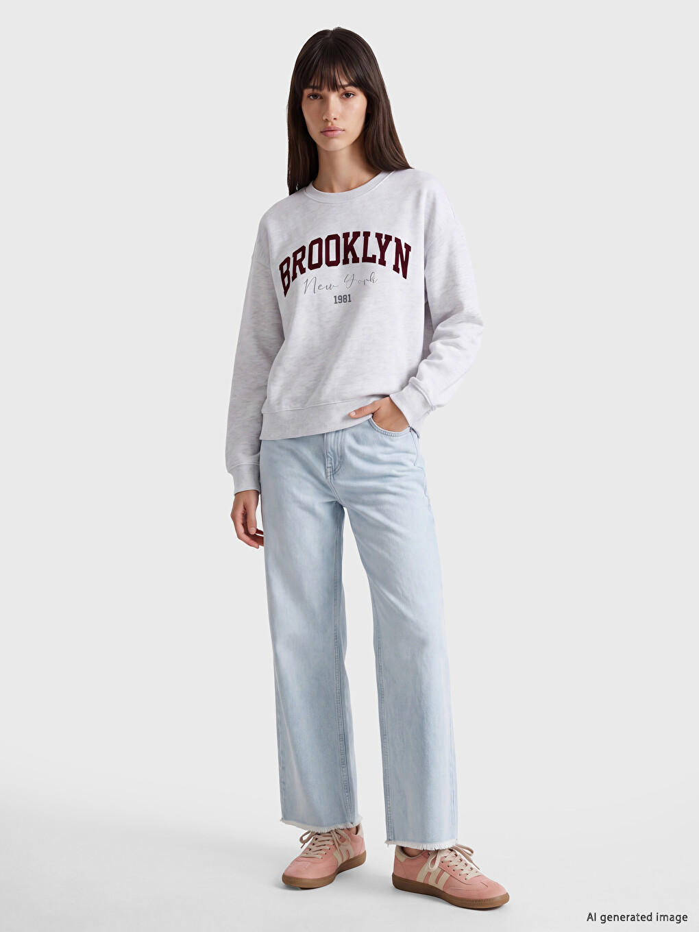 Gri Brooklyn Baskılı Oversize Kadın Sweatshirt-1