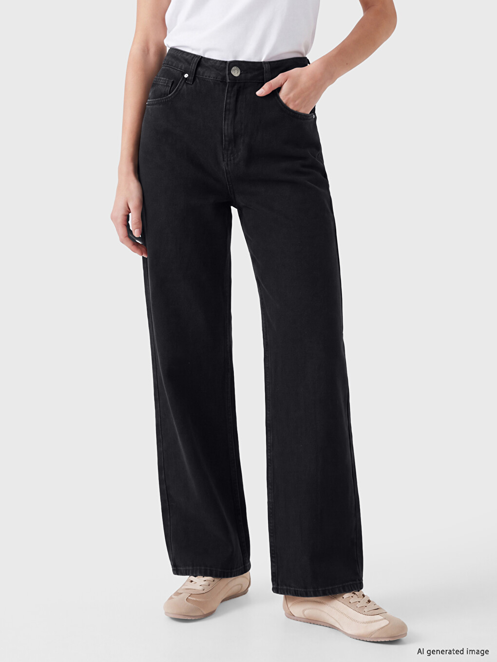 Siyah Wideleg Kadın Jean Pantolon-1