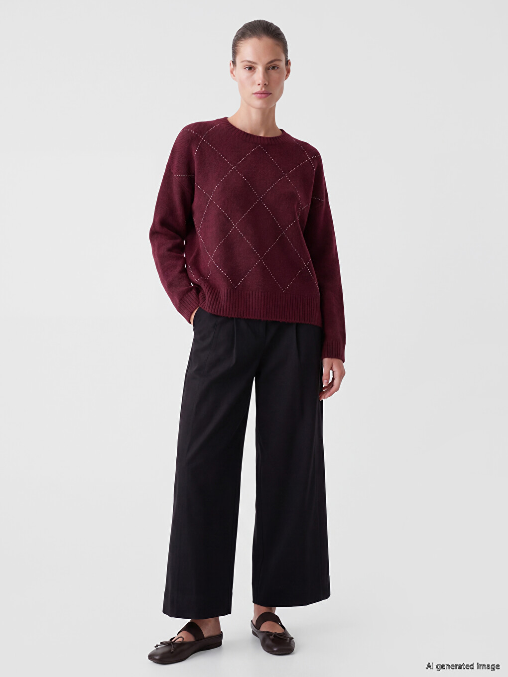 Argyle Patterned Wool Blended Women's Knitwear Sweater-1
