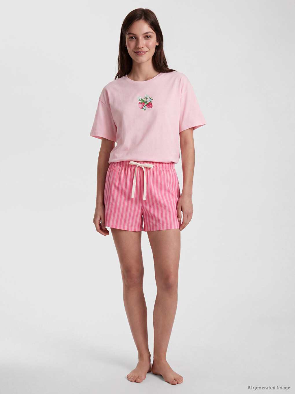 Pembe Çilek Baskılı Kadın Şortlu Pijama Takımı-1