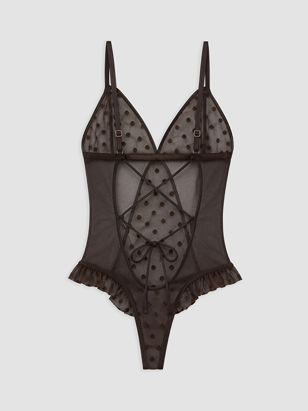 Kahverengi Puantiyeli İp Askılı Kadın Fantezi Bodysuit-1