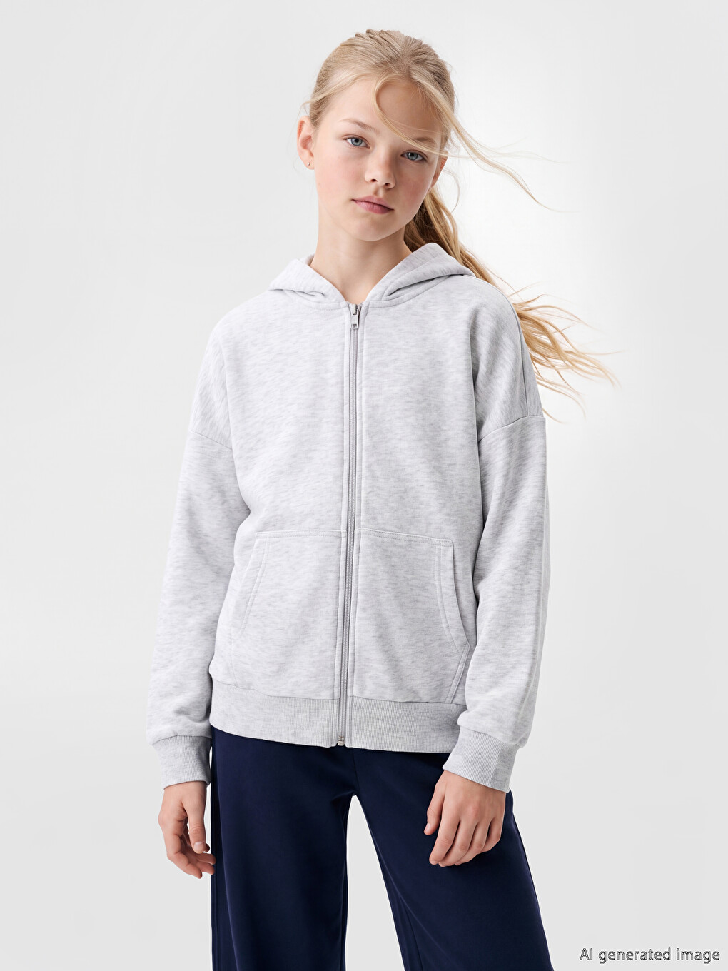Gri Kapüşonlu Kız Çocuk Fermuarlı Sweatshirt-1