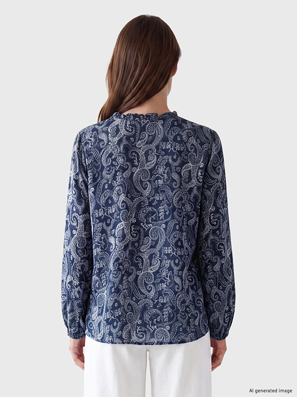 Frilled Notch Neck Patterned Women's Shirt-3
