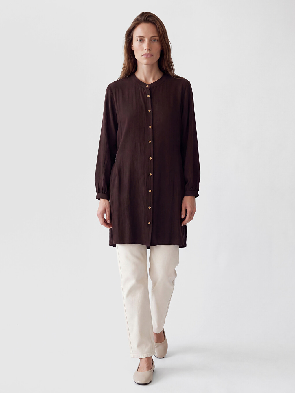 Grandad Collar Textured Women's Shirt Tunic-1