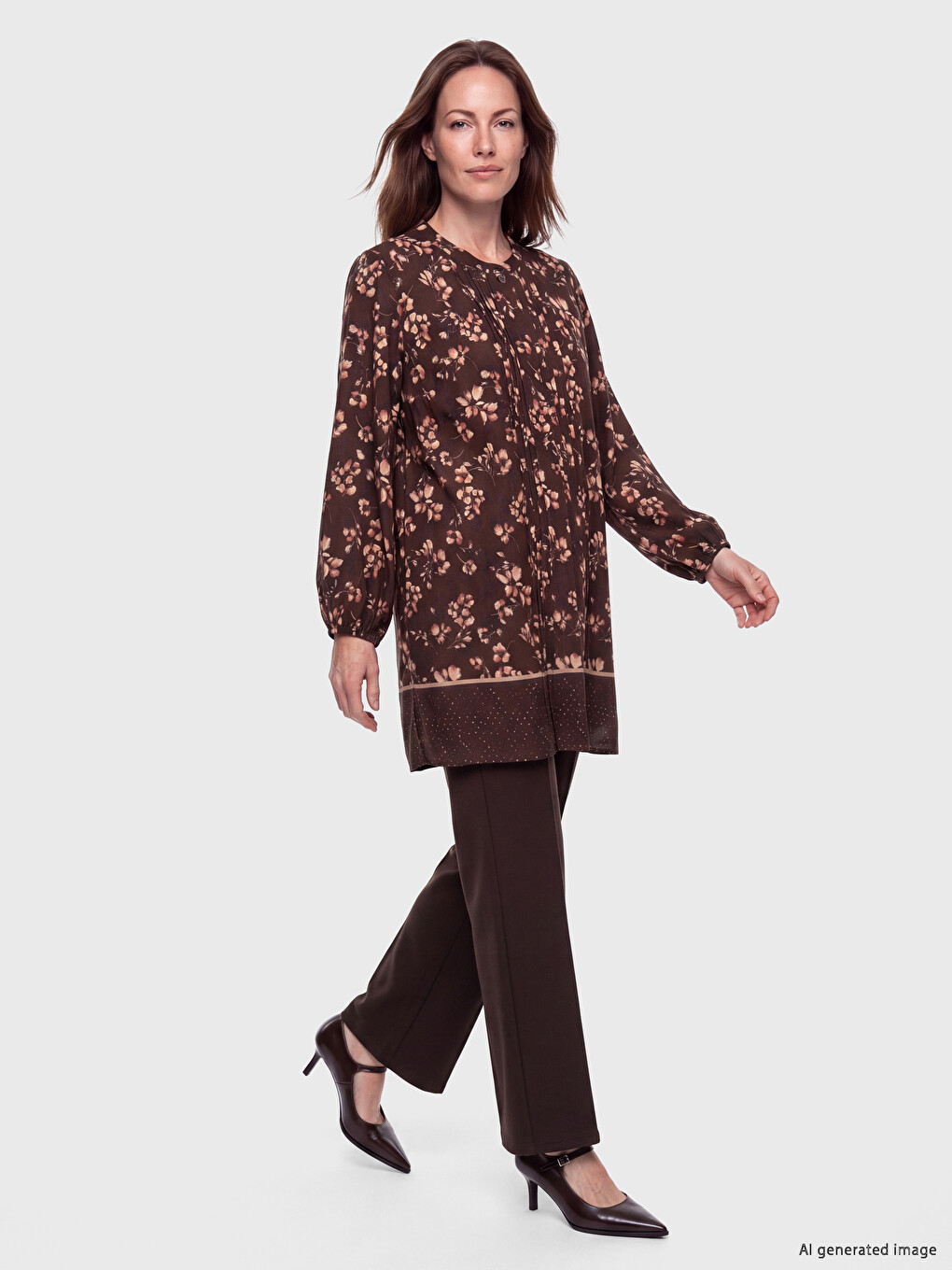 Crew Neck Floral Pleated Women's Tunic-1