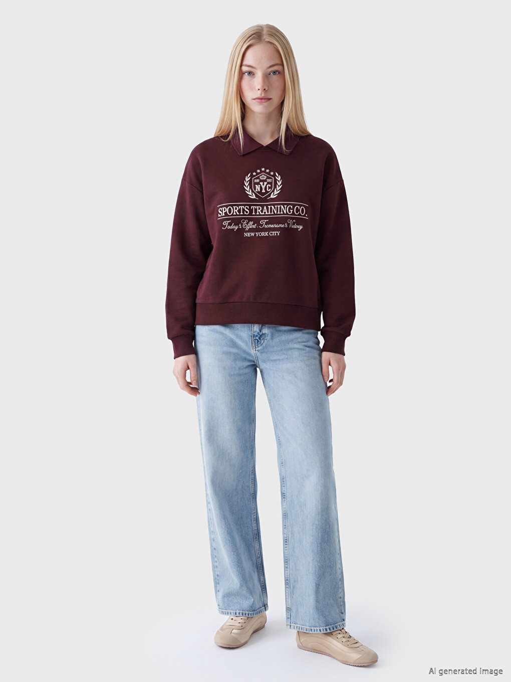 Bordo Polo Yaka Nakışlı Oversize Kadın Sweatshirt