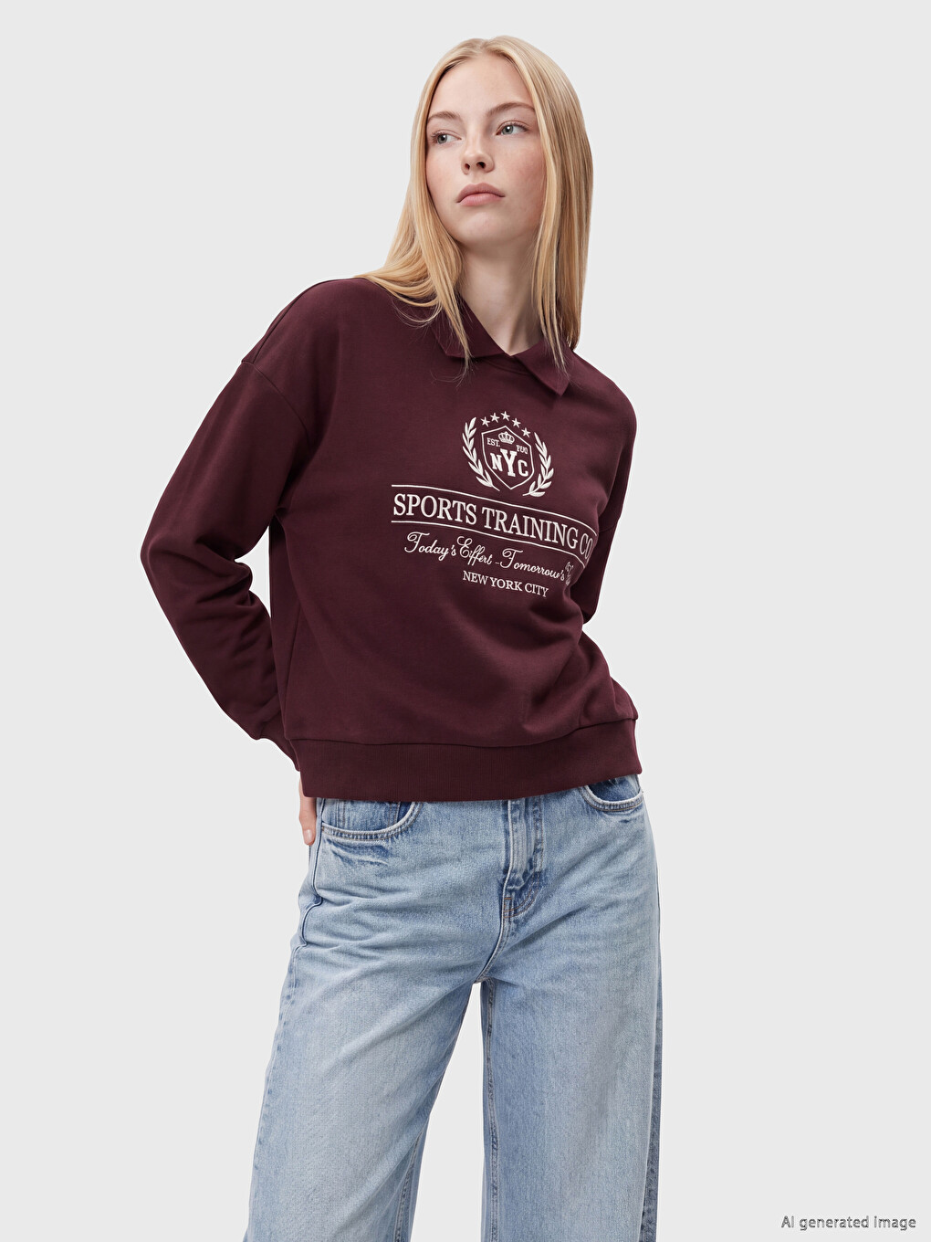Bordo Polo Yaka Nakışlı Oversize Kadın Sweatshirt-1