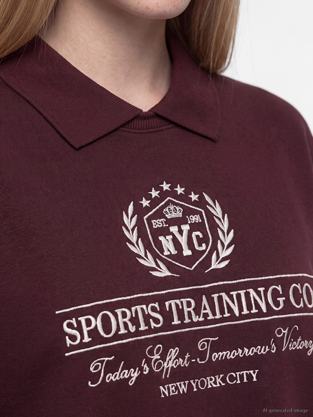 Bordo Polo Yaka Nakışlı Oversize Kadın Sweatshirt-2