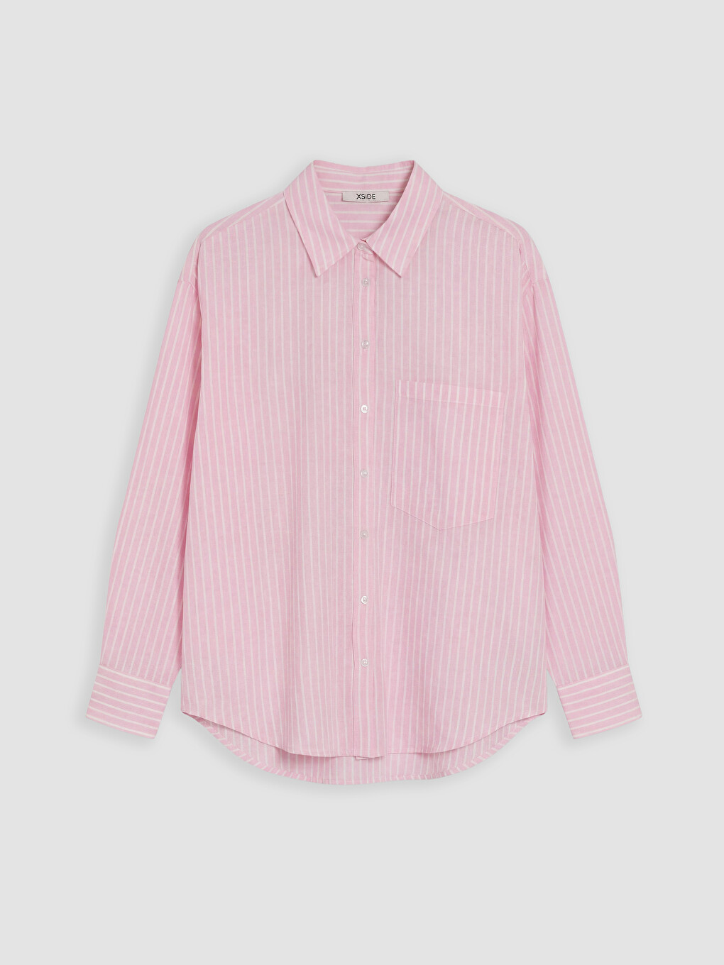 Pembe Çizgili Oversize Keten Karışımlı Kadın Gömlek
