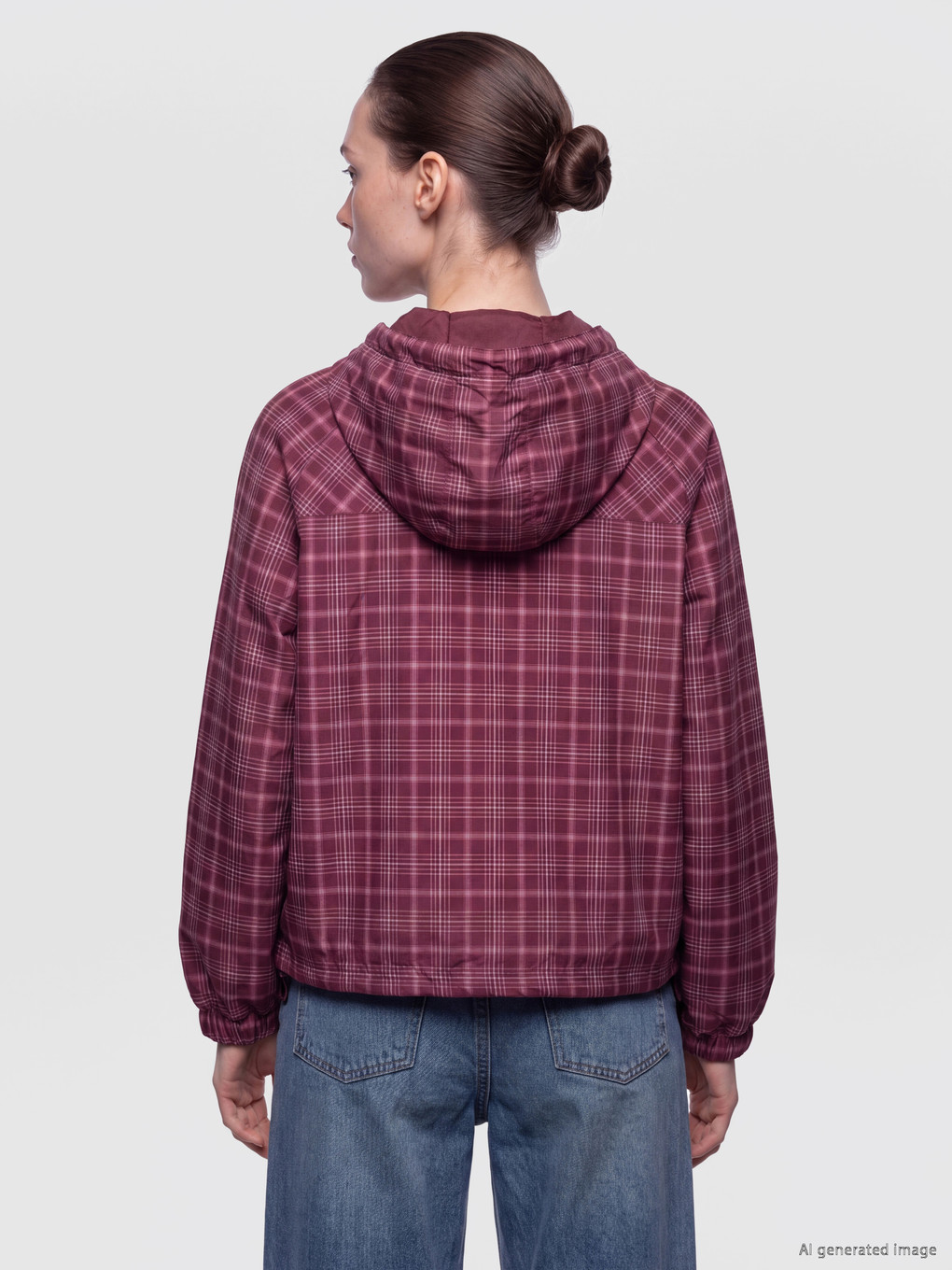 Bordo Kapüşonlu Ekose Kadın Mont-4