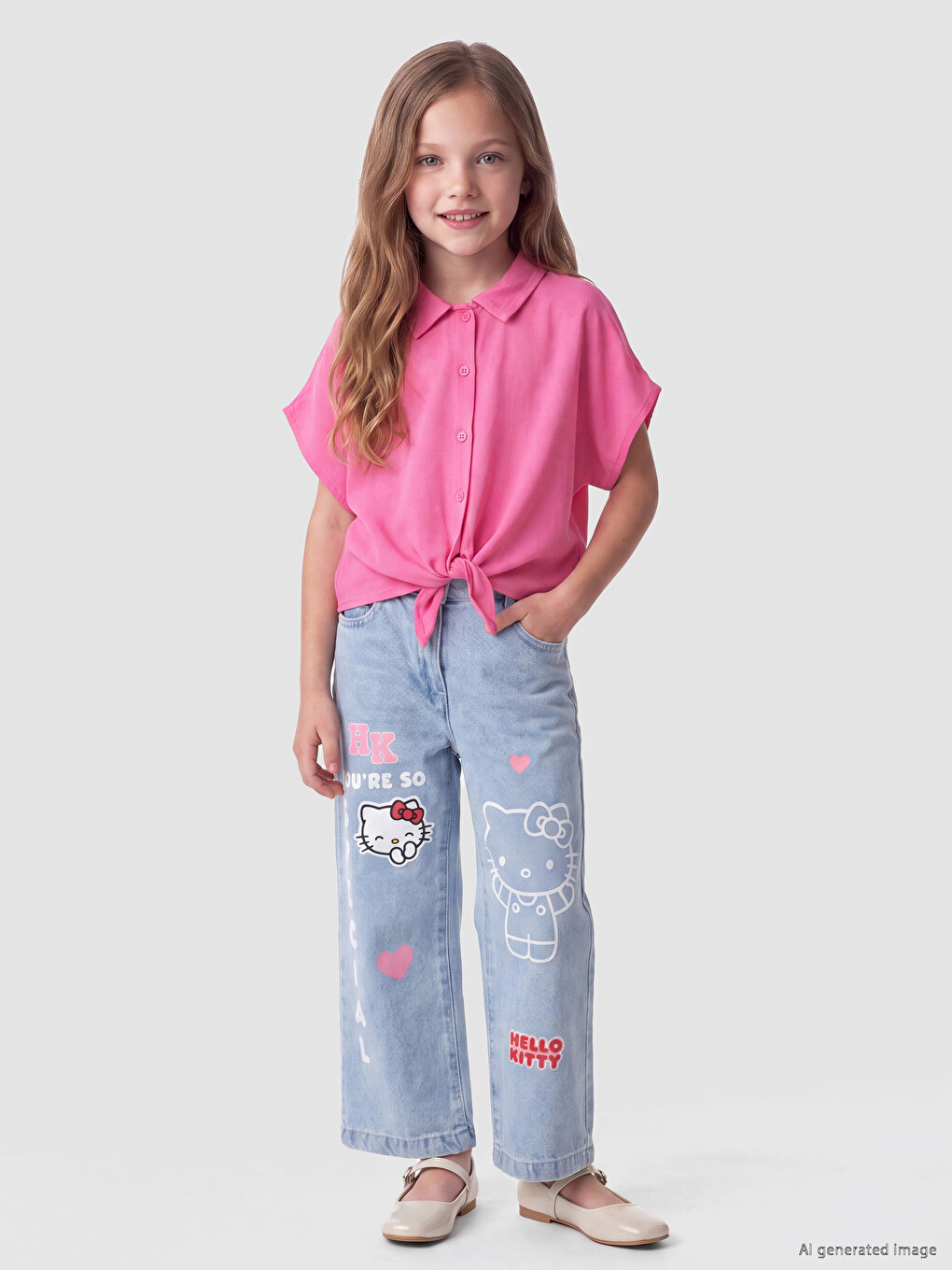 Mavi Wideleg Hello Kitty Baskılı Kız Çocuk Jean Pantolon-1