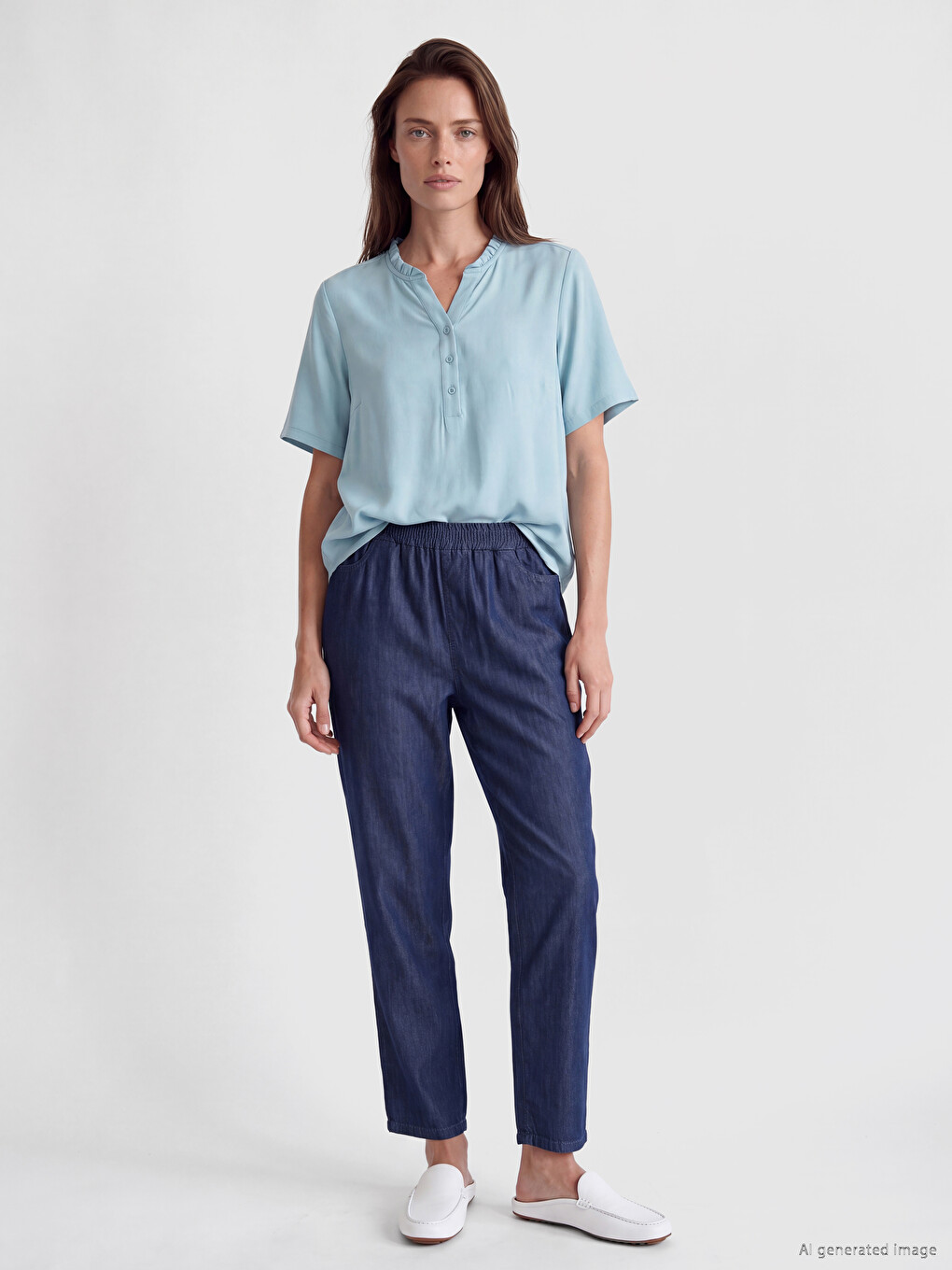 Mavi Beli Lastikli Straight Fit Kadın Jean Pantolon