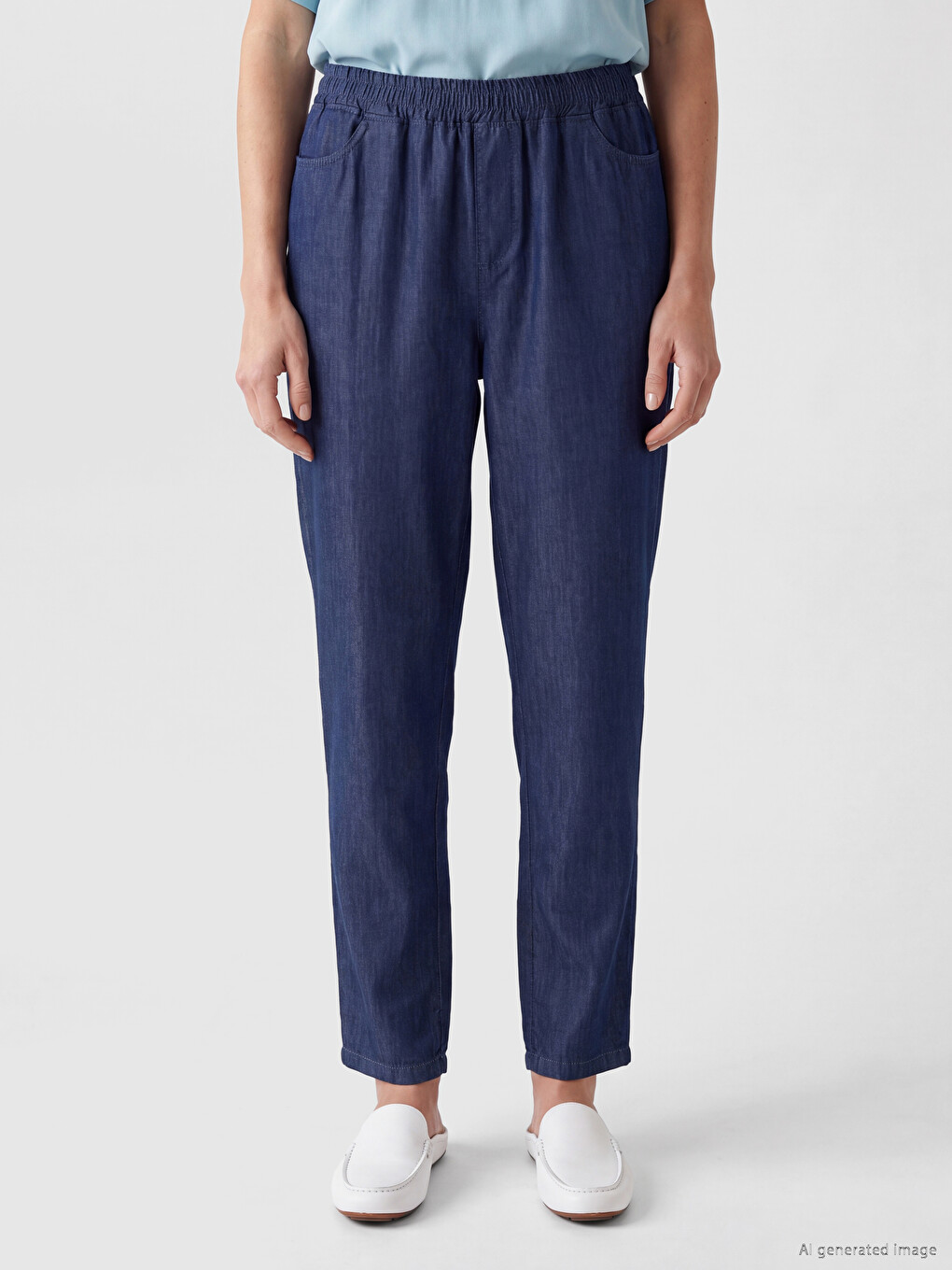 Mavi Beli Lastikli Straight Fit Kadın Jean Pantolon-1
