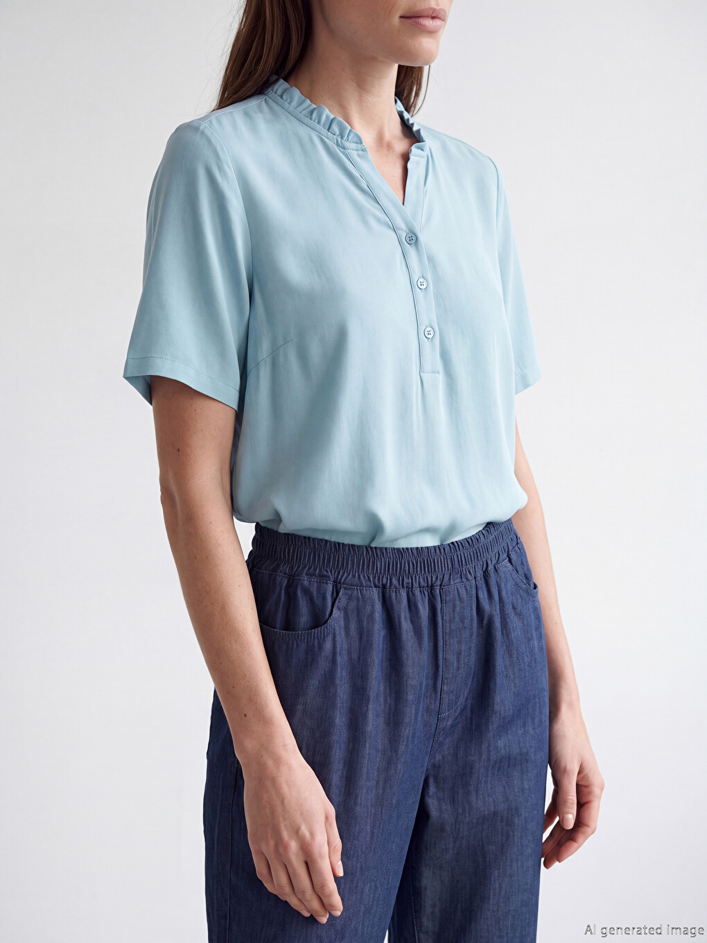 Mavi Beli Lastikli Straight Fit Kadın Jean Pantolon-2